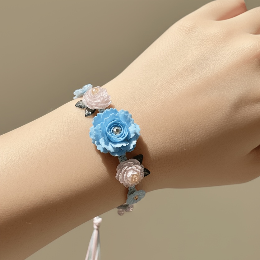 Macaron Blue Pink Gradient Rose Handmade Woven Wristband Bracelet
